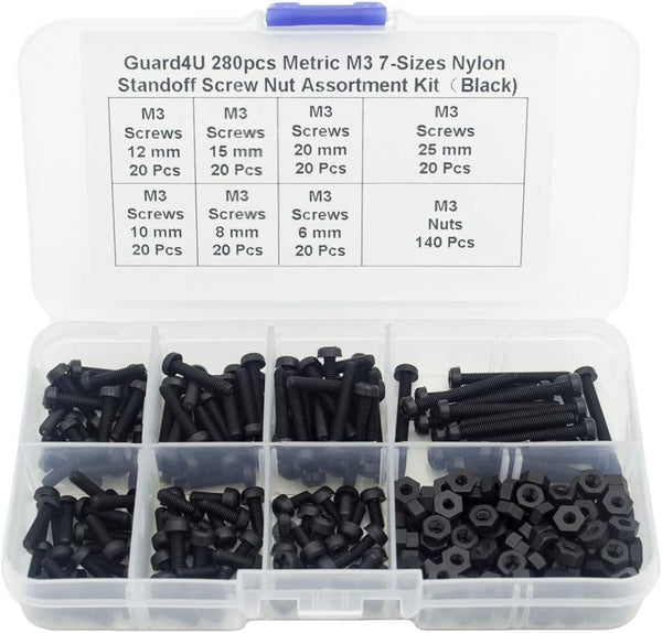 280pcs Metric M3 7-Sizes Nylon Phillips Pan Head Screw Nut Assortment Kit - M3x 6mm to 25mm, Nut Hex M3 (Black)