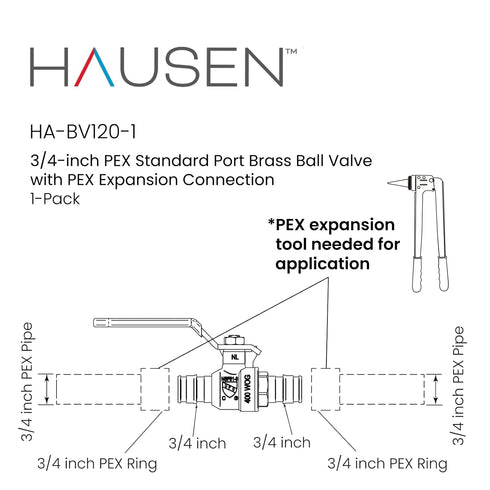 3/4-inch PEX Standard Port Brass Ball Valve, 1-Pack with PEX Expansion Connection