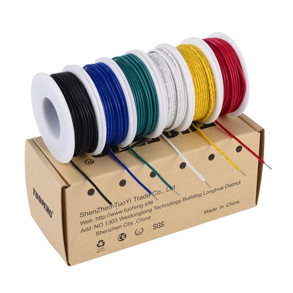 Electronic Wire, 22 AWG Solid Core Hookup Wires - 6 Colors, 30ft/9m Each, Tinned Copper, PVC, Ideal for Prototyping