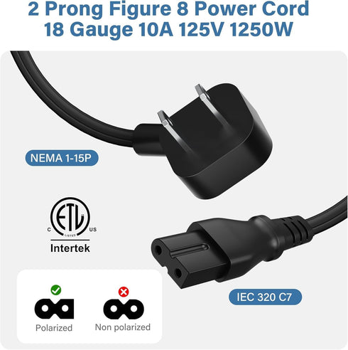 Elecan 45 2 1-15P 320 C7 2 2-Prong Degree Flat Plug Replacement Vizio LED TV Power Cord Ft, NEMA to Polarized IEC AC