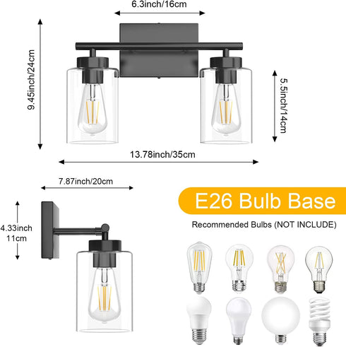2 Bulb) Aipsun Light Matte Black Vanity Light Vintage Wall Sconces Lighting, Industrial Wall Light Fixture for Bathroom