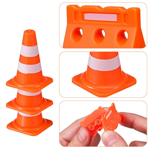 TOPPERFUN 48Pcs Set, Mini Plastic Traffic Cones, Miniature Fence Barricade Signs, Construction Road Small Orange Cone