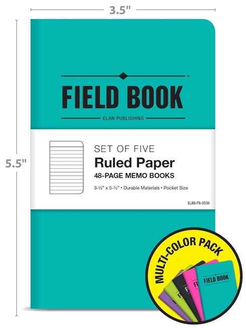 Elan Publishing Company Field Notebook/Pocket Journal, 3.5"x5.5", Assorted Colors, Pack of 5