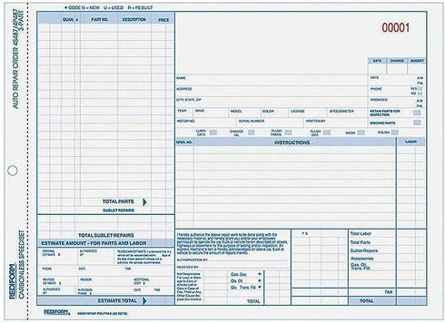 Rediform Auto Repair Polypack, Carbonless, 3 Part, 50 Forms, 8.5 x 11 inches