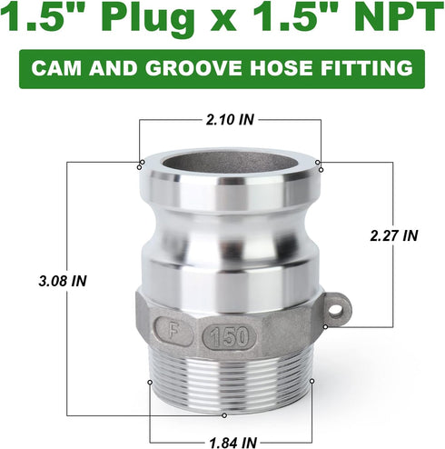TAISHER 2PCS Aluminum Cam & Groove Hose Fittings, 1-1/2" Plug x 1-1/2" NPT Male, Global Type F