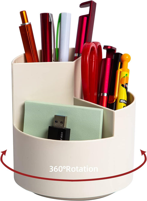 Desk Pencil Pen Holder, 3 Slots 360-Degree Spinning Organizer for Office, Art Supply, Cute Pencil Cup, White