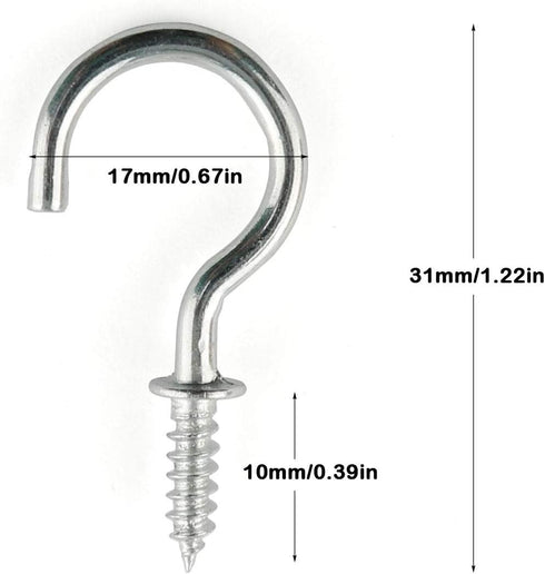 E-outstanding Cup Hook 50PCS, 1-1/4 Inch Self-Tapping Screw-in Ceiling Hanger, Round Open End Eye Bolt Hooks