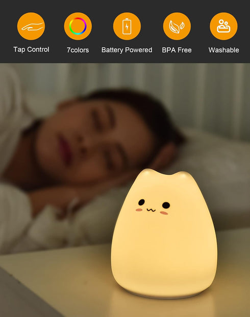 7-Color LED Cat Night Light, Battery Powered Night Light for Kids, Silicone Multicolor Cute Lamp with Warm White