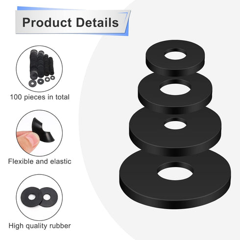 100pcs Flat Rubber Washers Assortment Kit, Heavy Duty Black Rubber Grommet for Household Appliances and Car Accessories
