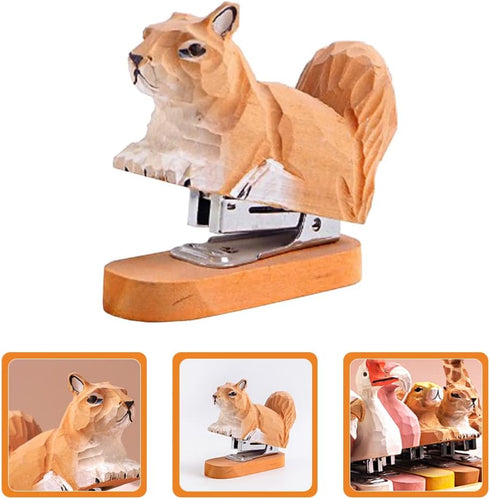 Stapler Set 1PC Wooden Animal Stapler, Squirrel Staplers for Desk, Squirrel Desktop Stitcher Handmade Wood Carving Statue Sculpture for Office Stationery Office Stapler by Zerodeko