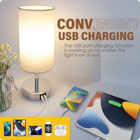 Yarra-Decor Bedside Lamps with USB Port - Touch Control 3 Way Dimmable Nightstand Lamp Set of 2 (White)