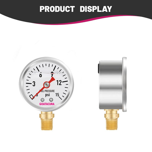 Glycerin Filled Fuel Pressure Gauge 0-15psi, 1-1/2" Dial Size, 304 Stainless Steel Case, 1/8" NPT Lower Mount.