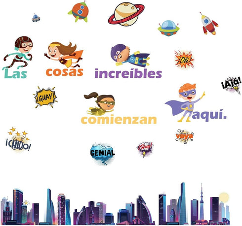 Spanish Super Theme Hero Classroom Bulletin Board Decorations with Motivational Cutouts for School Decor