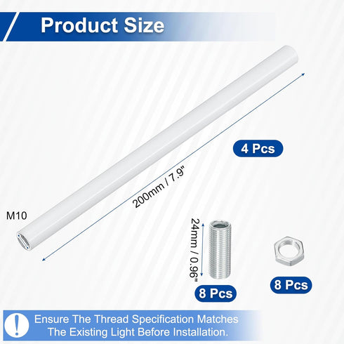 VIAPUICE M10 7.9'', 4 Set Lighting Fixture Downrods x Threaded Extension Rod Lamp Rod Light Fixture Part