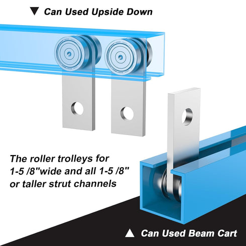 2 Wheel Trolley Assembly Rollers for Garage Pulley System Hoist System - 1-5/8" Wide Strut Channel (Silver-4 Pack)