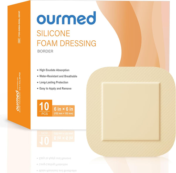 Ourmed Silicone Foam Dressings(6"x 6" - 10 Packs) with Tender Adhesive Border,