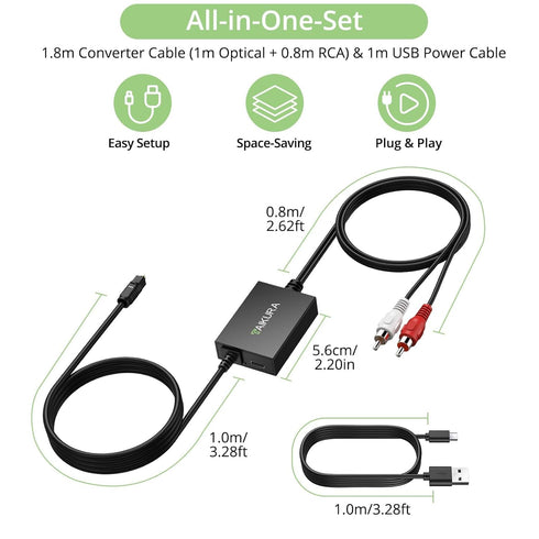 192kHz 24bit Optical to RCA Converter with Built-in Audio Amplifier Chip, Compact Plug and Play Digital to Analog Audio