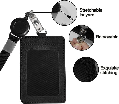 HYCOPROT ID Badge Holder with Lanyard, Heavy Duty Retractable PU Leather Vertical Horizontal Card Holders for Office