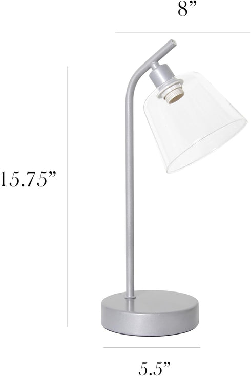 LD1080-SLV 16" Simple Designs Sleek Essentials Modern Industrial Metal Desk Lamp with Clear Glass Shade, for Office