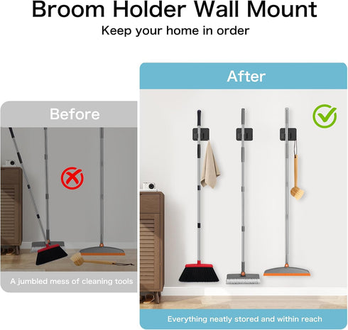 4 Pack nacena No Drill Self Adhesive Broom Mop Holder Wall Mount with Hooks, Heavy Duty Stainless Steel Organizer