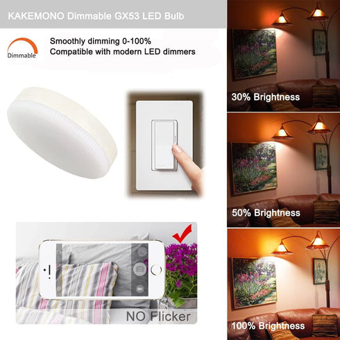 KAKEMONO Dimmable GX53 Bulb 7W, 2700K, 50W 120V Pack 4 LED Light Warm White Halogen Replacement for Under Cabinet