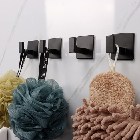 Bath Towel Hook,4 Pack Self Adhesive Square Coat Hooks, Sturdy No Drilling Robe Hook, Stainless Steel Heavy Duty Clothes Hanger, Wall Hooks for Bathroom Bedroom Kitchen (2 Inch,Black) by Vanloory