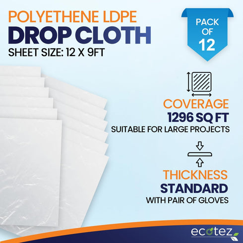 12 Pack 12 x 9 ft Extra Large Painter s Plastic Drop Cloth, Light & Durable Dust Cover for Painting