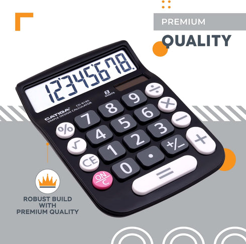 CATIGA 8 Digit Desktop Calculator with Solar Power, Easy to Read LCD Display, for Home, Office, School, Black