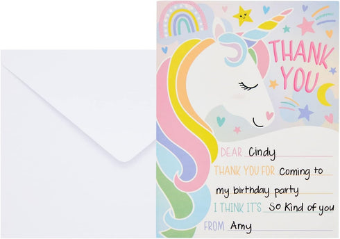 5.5 4.25 36-Pack Kids Thank You Cards Unicorn Fill-In-the-Blank - x in Pink & Violet Cardstock, & Envelopes - Unicorn