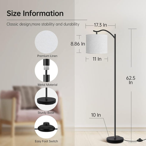 3 E26 63-inch BoostArea Modern LED Arched Floor Lamp with Natural Linen Shade, Brightness Levels, Socket, Footswitch