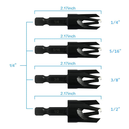 Wood Plug Cutters Set, 4 pcs Straight & 4 pcs Tapered with 1/4 Hex Shank, Cork Drill Bit Knives