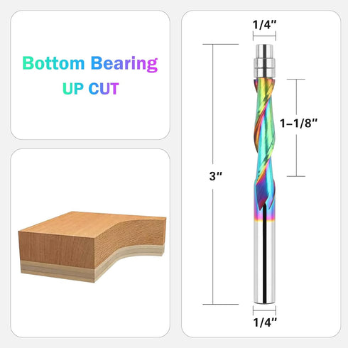BINSTAK 1/4 1/4 Woodwork(1/4" Upcut Spiral Flush Trim Router Bit Shank Carbide Spiral Router Bits with Bottom Bearing