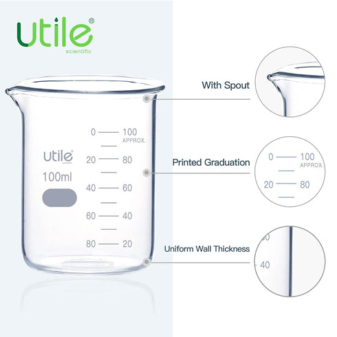 Utile 100ml Glass Beaker Set, 24pcs of 3.4oz Upgraded Thickening Chemical Beakers with Printed Graduation