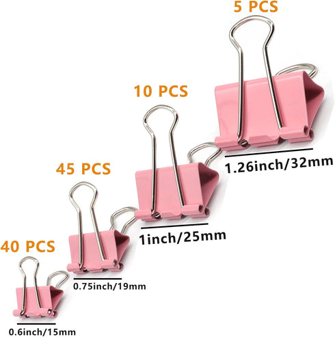 Binder Clip Paper Clamps, 100 Pcs Assorted Sizes for Office School Supplies (Pink)
