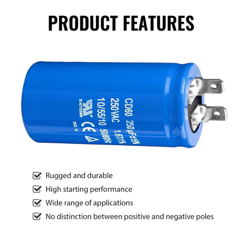 250uF/MFD CD60 Motor Start Capacitor, 250VAC 50/60Hz for Electric Motor Starting, 2 Pack