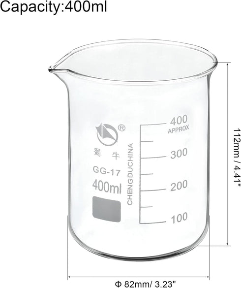PATIKIL 400ml Low Form Glass Beaker, 2 Pack 3.3 Borosilicate Glass Graduated Printed Scale Measuring Cups with Spout for Kitchen Lab Liquids Transit Boiling