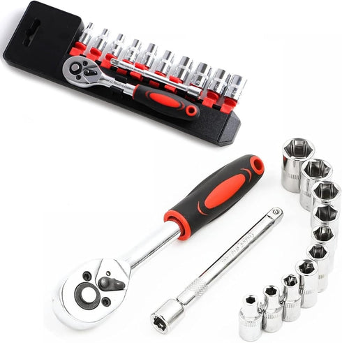 1/4 Inch Ratchet Socket Wrench Set, Metric Socket Set with Quick Release Reversible Ratchet Wrench, 12 Pcs