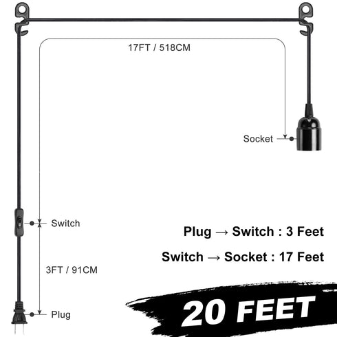SIXZOONM 20Ft E26 Bulb Bulb) Extension Hanging Lantern Cord - Black, Light Socket with Cord, On/Off Switch, Polarized