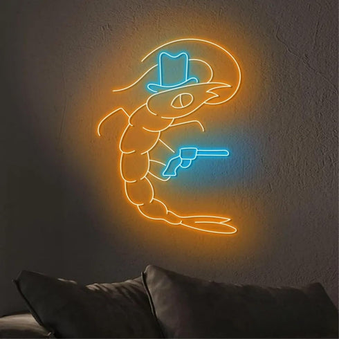 Cowboy Shrimp Neon Sign, Western Cowboy Neon Light, Sea Animal Led Sign, Shrimp Wall Room Art Decor, Restaurant Kitchen