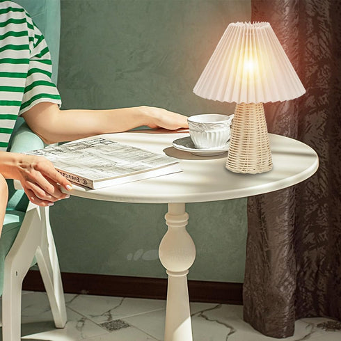 Tiiyee Small Table Lamp, Pleated Table Lamp Bedside Night Lamp with Rattan Base Fabric Pleated Lampshade Vintage Design
