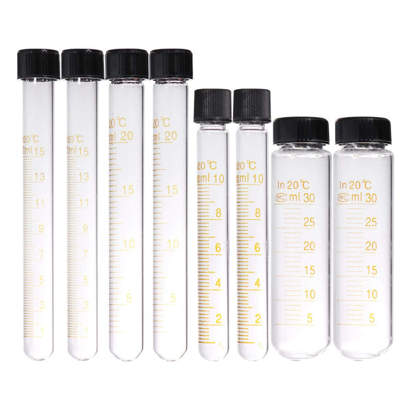 8 Pcs Graduated Glass Test Tubes with Screw Caps - 10ml, 15ml, 20ml, 30ml