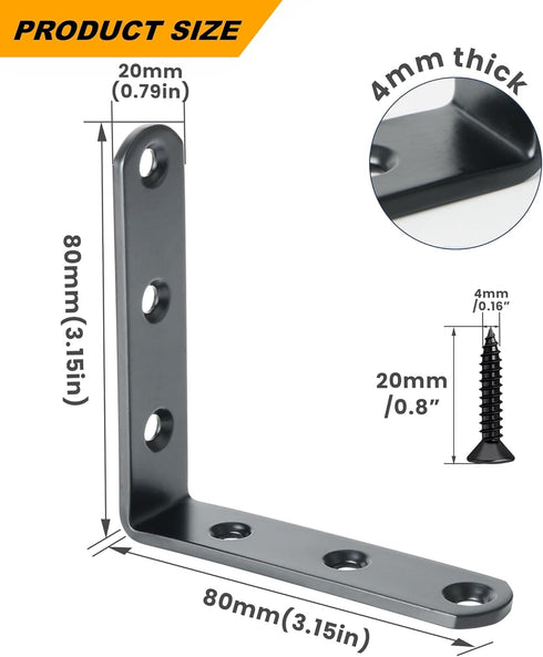 4 3.2 X3.2 Inch Alise PCS L Brackets Heavy Duty Corner Bracket, Black Floating Shelf Brackets for Shelves, Stainless