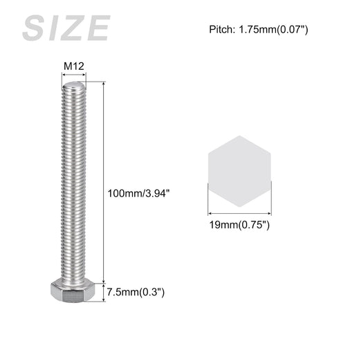Hex Bolts (M12-1.75x100mm) 2Pcs, 304 Stainless Steel Coarse Fully Threaded Hex Head Screw Bolts for Furniture