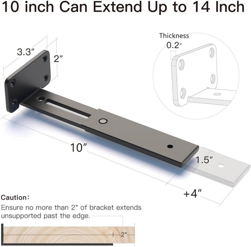 10/12/14 Inch 4-Pack ,1/5'' LEOPO Adjustable T Shelf Brackets Extensible Thick Heavy Duty Floating Brackets