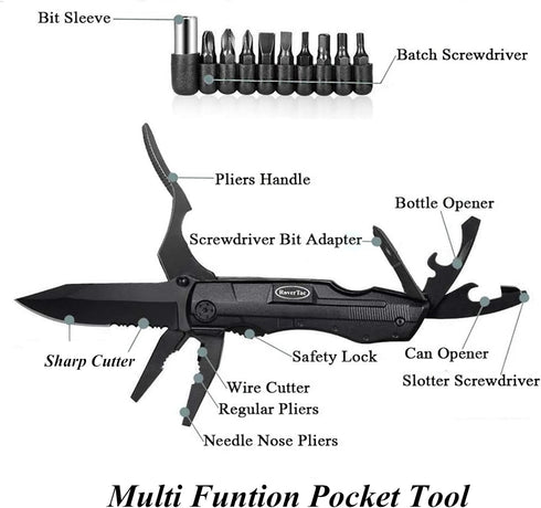 RoverTac Pocket Knife Tactical Folding Knife Multi Tool Survival Camping Knife, Multitool Knife Pliers Bottle & Can Opener 9-Pack Screwdrivers Liner Lock Nylon Sheath, Pocket Knife for Camping Hiking by RoverTac