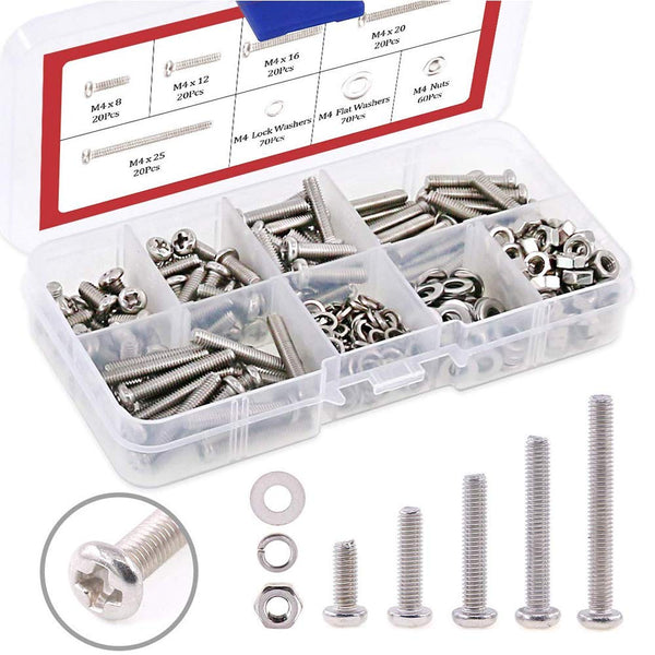 Hilitchi 300-Piece M4 Phillips Pan Head Screws Bolt Nut Lock Flat Washers Assortment Kit, 304 Stainless Steel