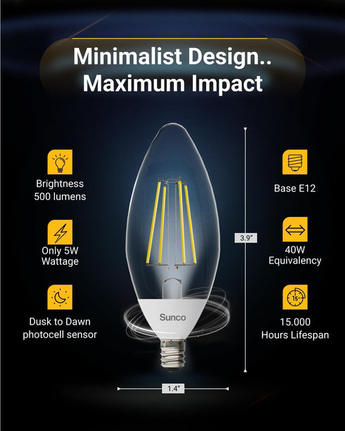 6 Pack Bulb B11, Bulbs 500 5W (40W 4000K E12 Sunco Dusk to Dawn LED Outdoor Light Edison Filament Candelabra for Porch