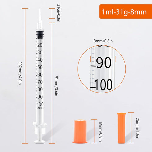 31 1cc 5/16 inch 100 1ml Packaged, 100Pack Gauge Syringe - U Syringe with Needle Disposable Lab Supplies, Individually