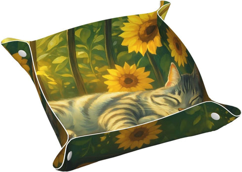 KKdskkds Sleeping Cat On Sunshie Bench Sunflowers Personalized Fun Leather Storage Tray Desktop