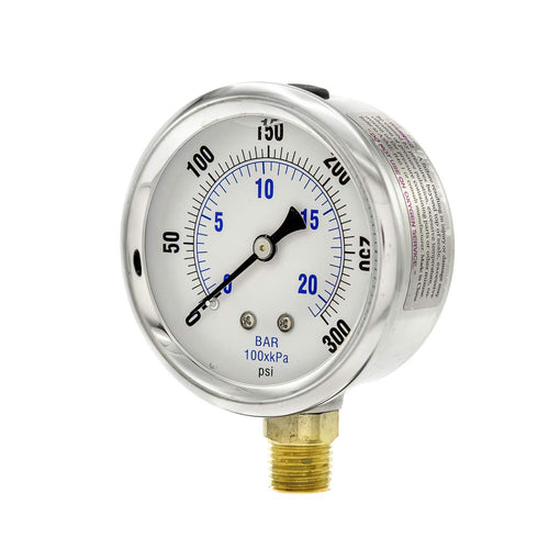 PIC Gauges PRO-201L-254H Industrial Pressure Gauge, Bottom Mount, 2.5" Dial, 0/300 psi Range, Glycerin Filled